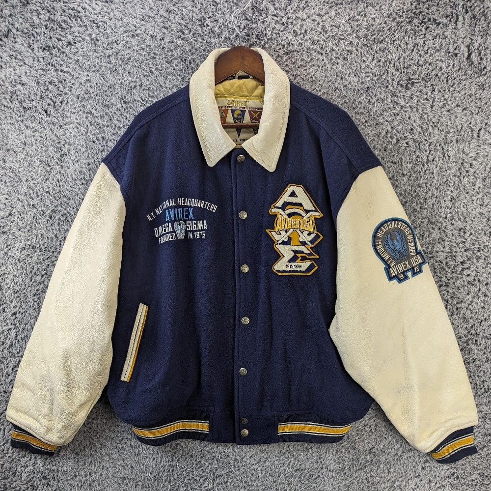 Avirex Leather Jacket Men 3X Blue NY Headquarter 1975 Omega Sigma Varsity Bomber